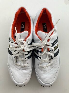 Y-3 White Leather Sneakers with Black Stripes and Orange Lining
